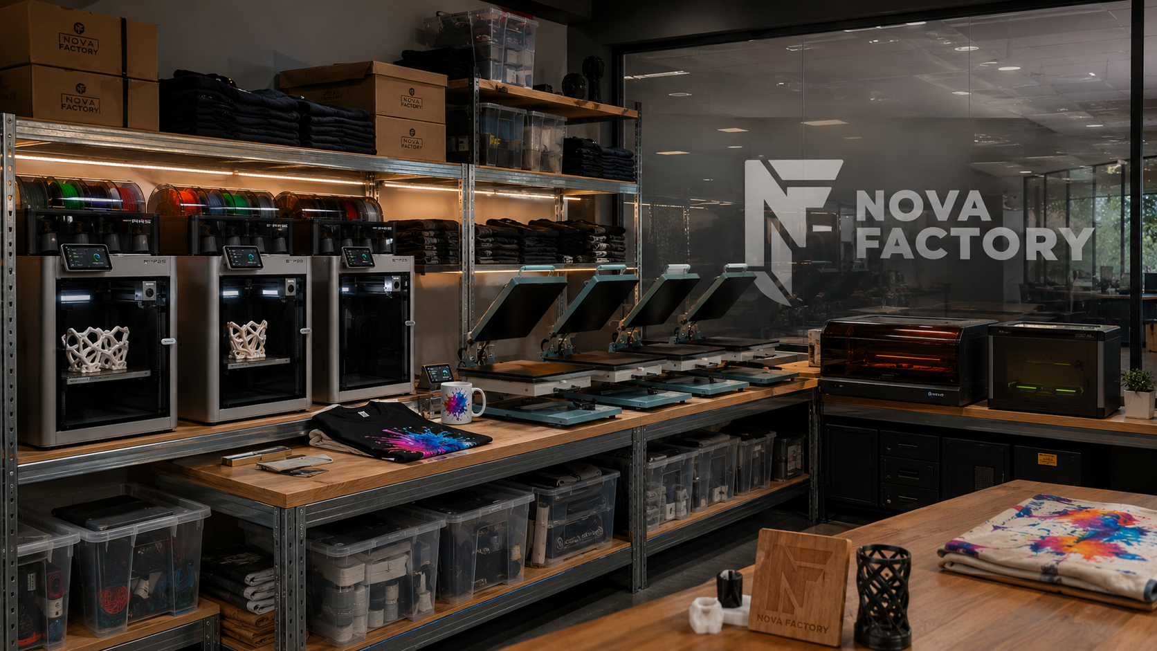 Taller de Nova Factory con impresoras 3D FDM, estación de sublimación y stock de merchandising