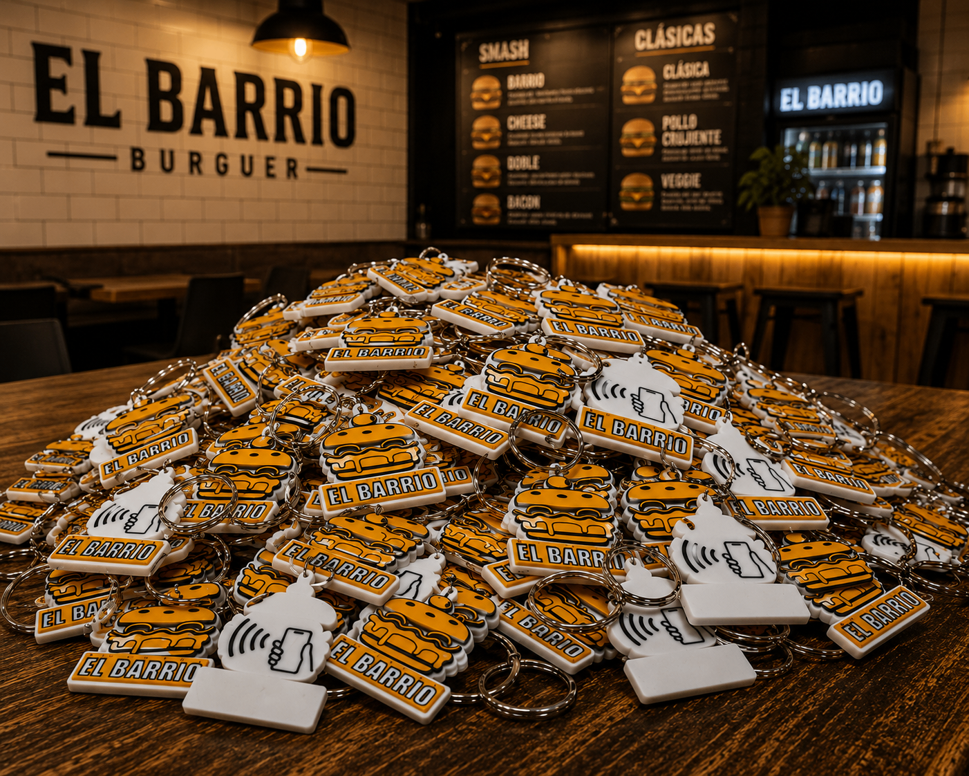 100 clauers 3D amb NFC per a El Barrio Burguer para El Barrio Burguer